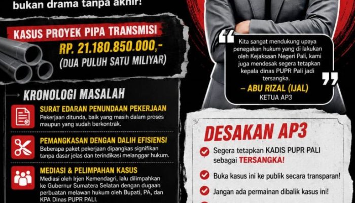 Kasus Pipa Transmisi Rp21,18 Miliar Jadi Sorotan, Ap3 Minta Kejari PALI Tetapkan Tersangka
