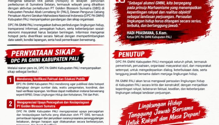 PA GMNI PALI DORONG VERIFIKASI FAKTUAL ATAS DATA HOTSPOT DI WILAYAH PERIZINAN PERKEBUNAN
